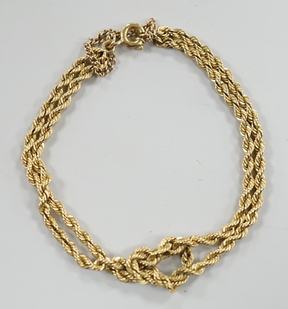 A modern yellow metal twin stand rope twist bracelet, 18cm, 17.4 grams.